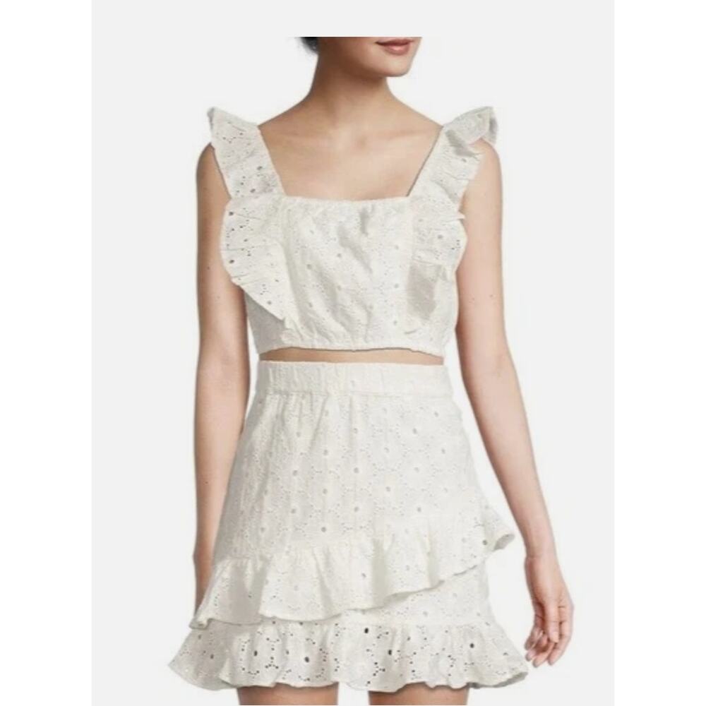 7 For All Mankind White Eyelet Ruffle Mini Skirt Size L Cotton Boho Summer EUC